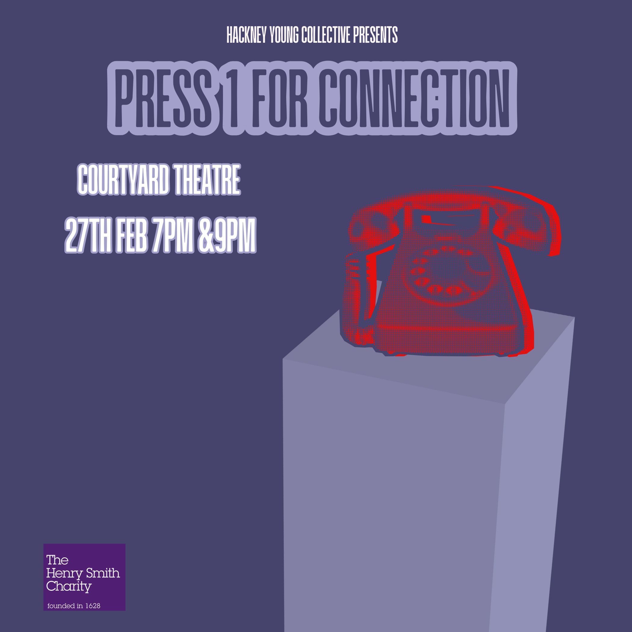 Press 1 for Connection Image with a bluey-purple background and a red seemingly transparent phone on a white table