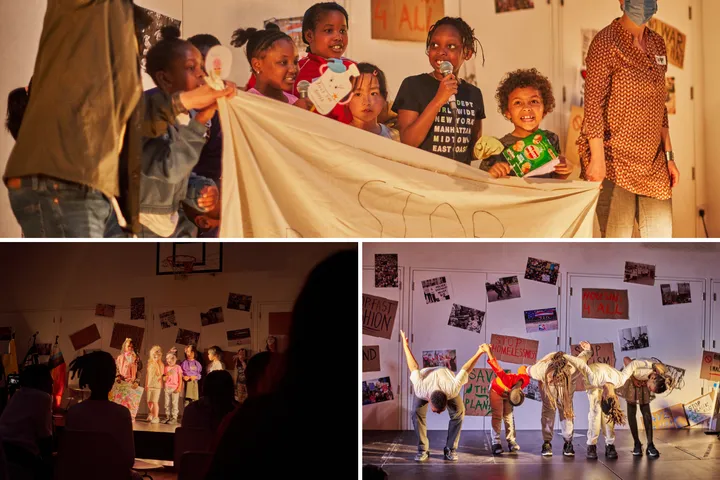 Top: Kingsmead Group 1 explore ocean pollution through puppet theatre. Bottom left: Kingsmead Group 2 present their piece on the use of animal products in the fashion industry. Bottom right: Kingsmead Olders take a bow after their performance exploring racism and discrimination (credit Shoib Ahmad)